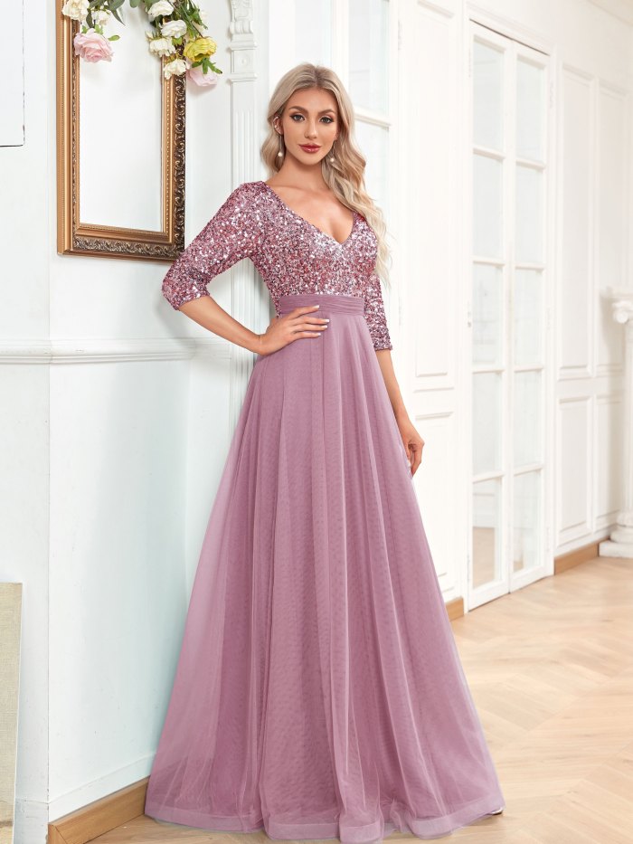 V-neck Contrast Sequin Long Dress, Elegant Chiffon Half Sleeve Waist Evening Gown Prom Party Dresses, Women's Clothing