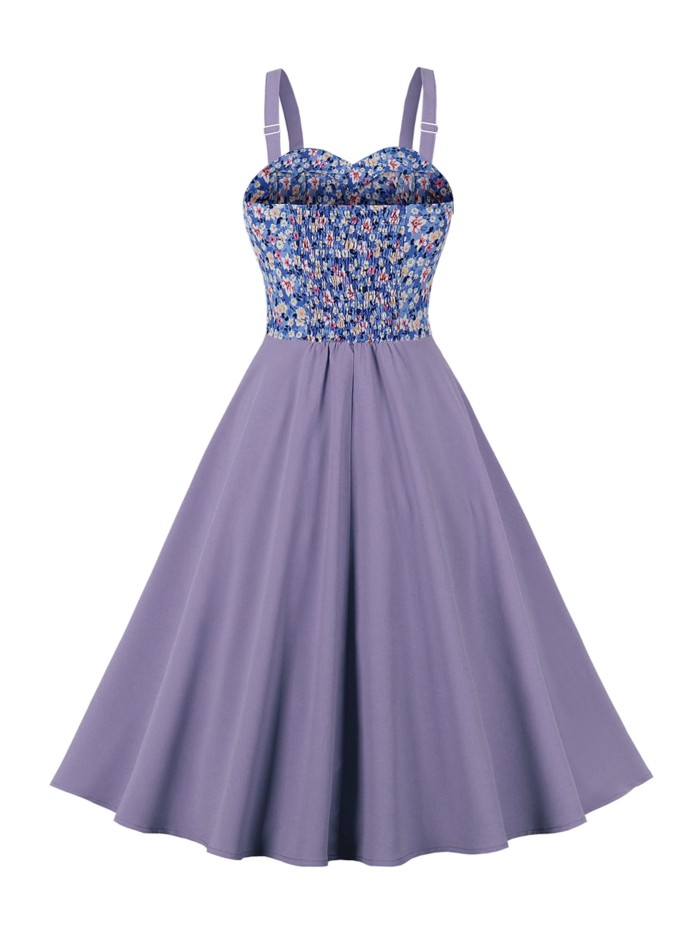 Ditsy Floral Print Splicing Dress, Elegant Cami Sleeveless Pleated Dress, Women's Clothing