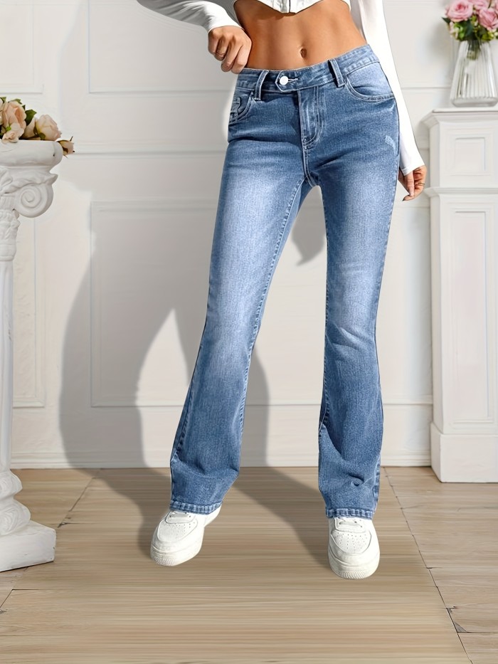 Navy Blue Slant Pockets Flared Jeans, Boot-Cut Slash Pockets High-Stretch Denim Pants, Women's Denim Jeans & Clothing