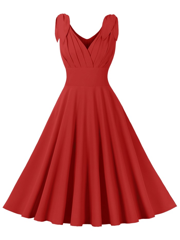 High Waist Retro A-line Dress, V Neck Sleeveless Party Casual Dress For Summer & Spring, Women's Clothing
