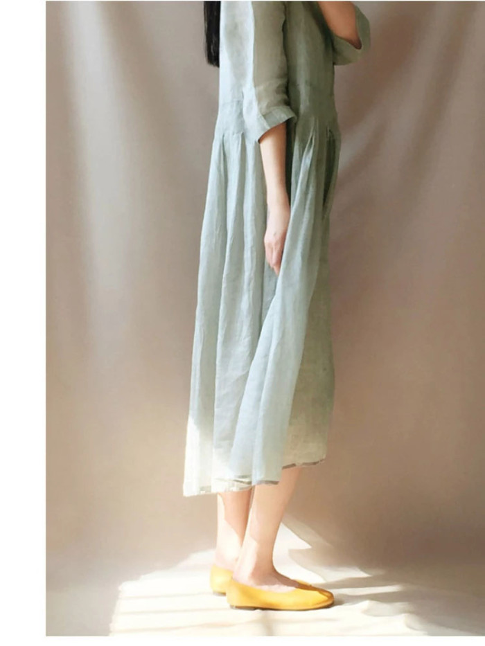 Fashion Casual Elegant Retro Loose Cotton Linen Casual Midi Dress