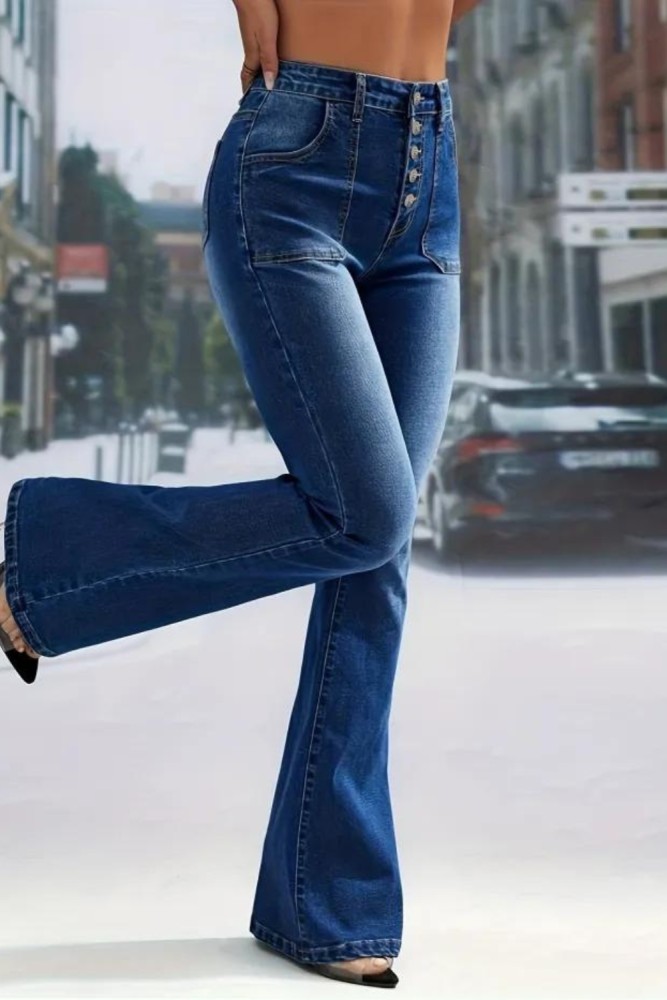 Blue High Waist Flared Jeans, Bell Bottom Single-Breasted Button Slash Pockets Denim Pants, Women's Denim Jeans & Clothing