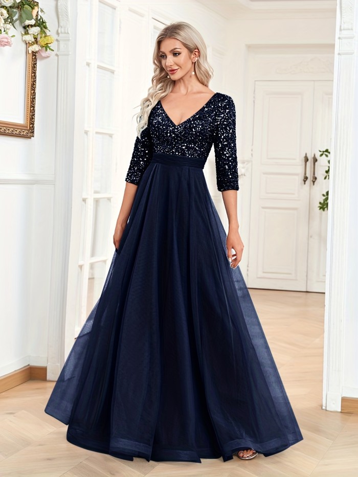 V-neck Contrast Sequin Long Dress, Elegant Chiffon Half Sleeve Waist Evening Gown Prom Party Dresses, Women's Clothing