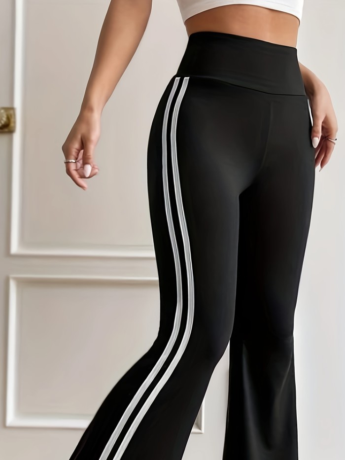 Solid Color High Waist Striped Flared Pants, Fashion Slim Fit All-match High Elastic Yoga Bootcut Pants, Women's Activewear