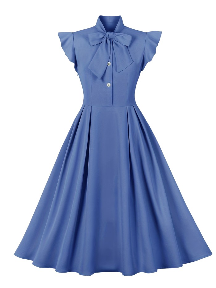 Bowknot Retro A-line Dress, Ruffle Trim Casual Dress, Women's Clothing