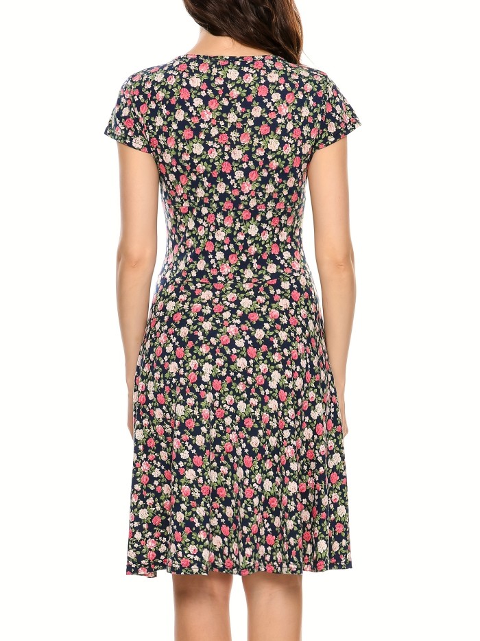 Floral Print V Neck Dress, Casual Short Sleeve Dress For Spring & Summer, Women's Clothing
