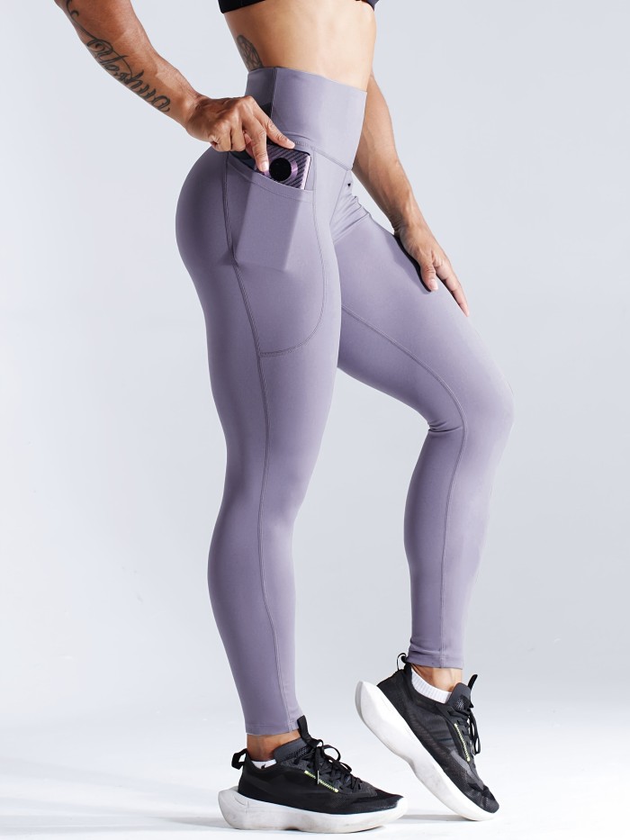 Solid Side Pockets Running Cropped Pants, High Waist Fashion Butt-lifting Yoga Fitness Workout Breathable Sports Leggings, Women's Activewear