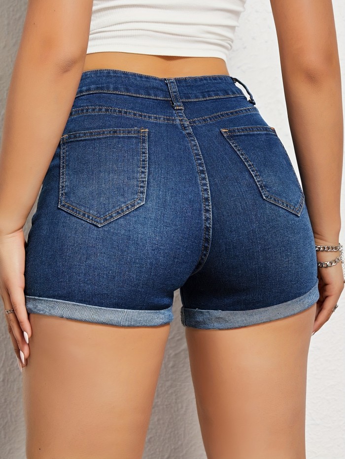 Dark Blue Rolled Hem Denim Shorts, Slim Fit Slash Pockets Slight-Stretch Versatile Short Denim Pants, Women's Denim Jeans & Clothing
