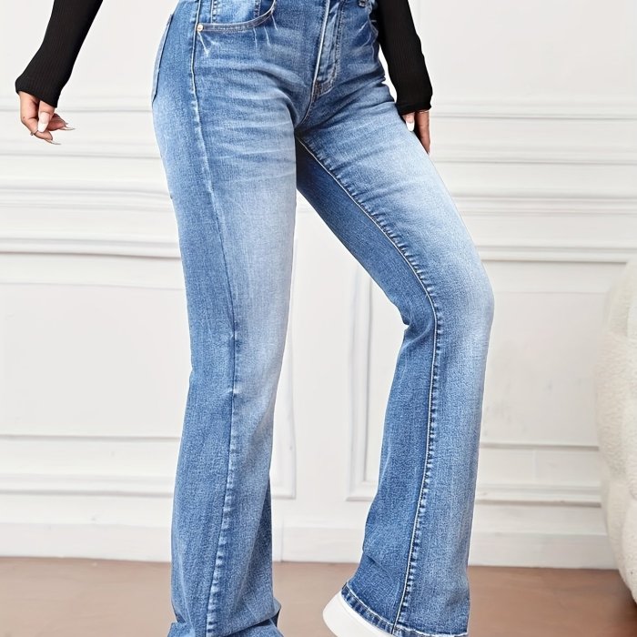 Blue Whiskered Straight Leg Jeans, High Waist Slant Pockets Casual Bootcut Jeans, Women's Denim Jeans & Clothing