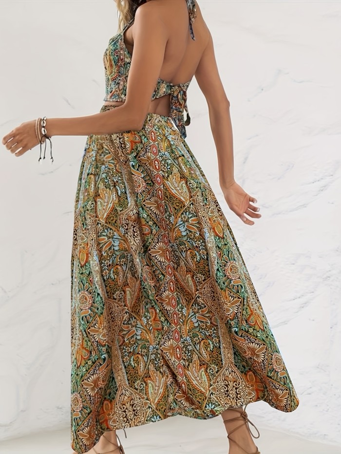 Floral Print Slit High Waist Skirt, Boho Elastic Waist Skirt For Spring & Summer, Women's Clothing