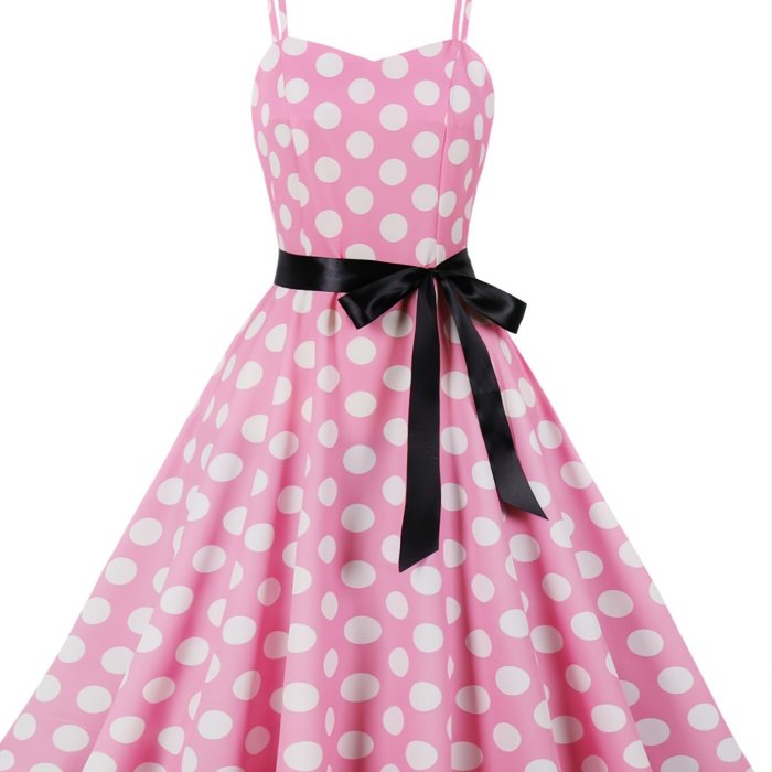 Retro Polka Dot Print Spaghetti Dress, Knotted Sleeveless Fashion Large Swing Lace Up A-line Dresses, Women's Clothing