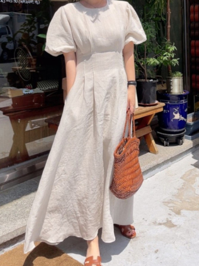 Women's Fashion Solid Color V-Neck Loose Retro Elegant Maxi Dress
