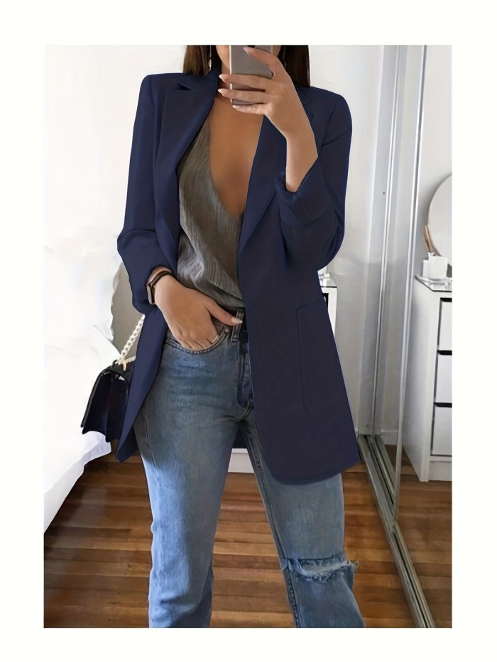 Plus Size Casual Blazer, Women's Plus Solid Long Sleeve Lapel Collar Suit Coat With Pockets