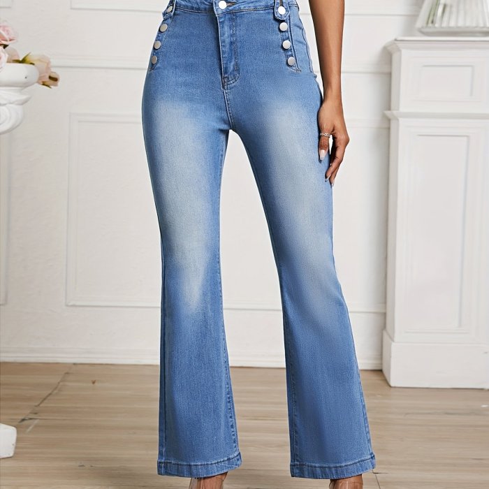 Blue High Waist Flared Jeans, Bell Bottom High Rise Wide Legs High-Stretch Denim Pants, Women's Denim Jeans & Clothing