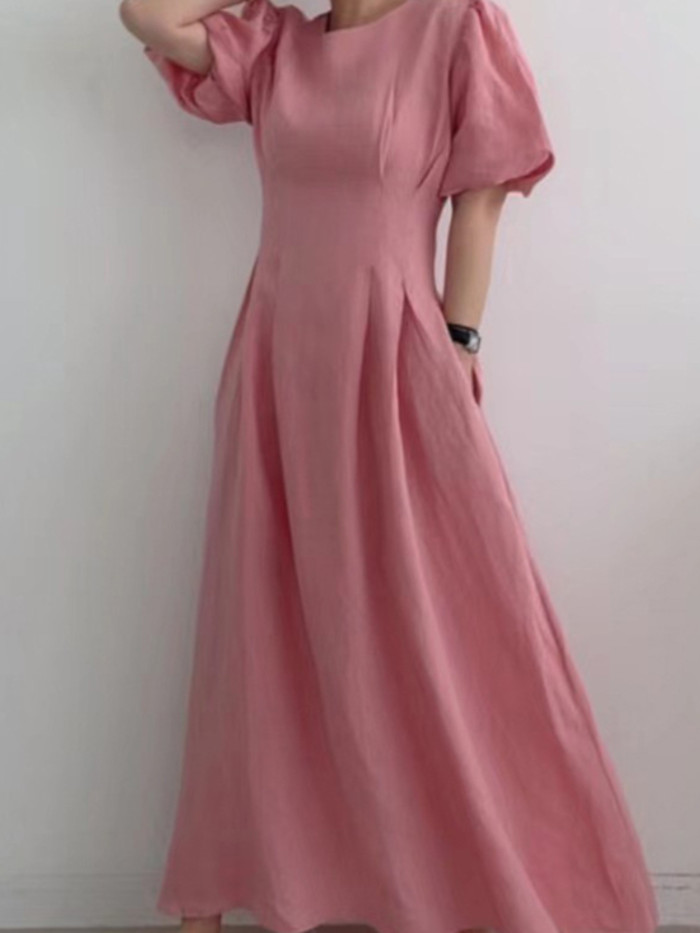 Women's Fashion Solid Color V-Neck Loose Retro Elegant Maxi Dress