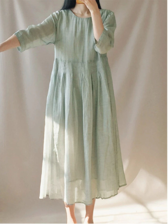 Fashion Casual Elegant Retro Loose Cotton Linen Casual Midi Dress