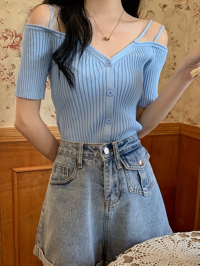 Off Shoulder Button Knitted Top, Sexy Short Sleeve Sweater For Spring & Summer, Women's Clothing