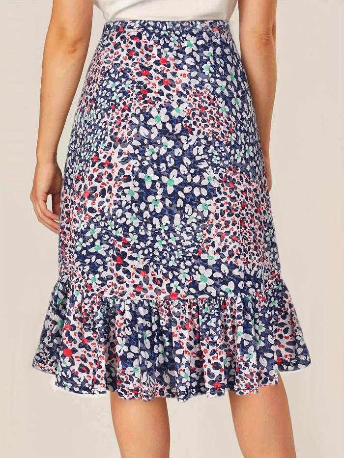 Floral Print High Waist Skirts, Casual Ruffle Trim Button Front Bag Hip Skirts, Women's Clothing