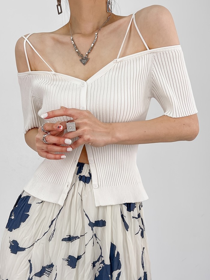 Off Shoulder Button Knitted Top, Sexy Short Sleeve Sweater For Spring & Summer, Women's Clothing