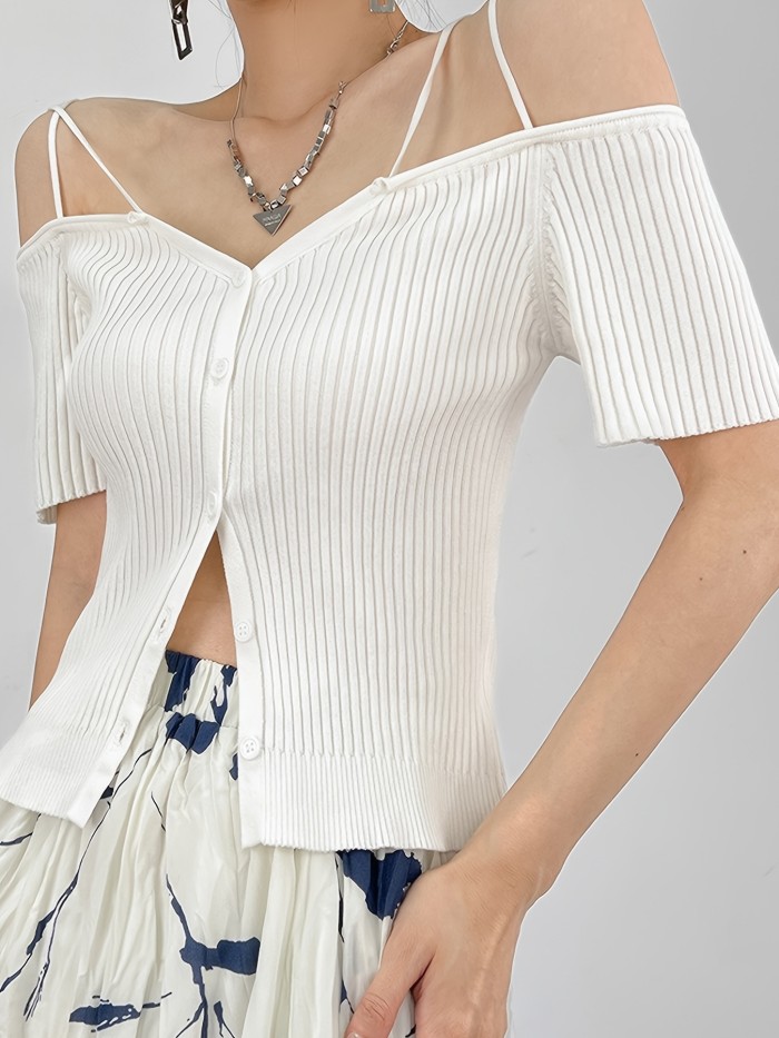 Off Shoulder Button Knitted Top, Sexy Short Sleeve Sweater For Spring & Summer, Women's Clothing