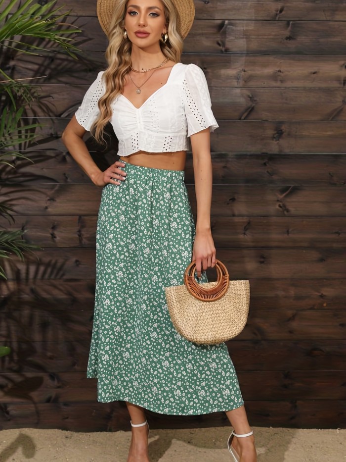 Boho Ditsy Floral Print High Waist Skirts, Vacation Ruched Maxi Summer Skirts, Women's Clothing