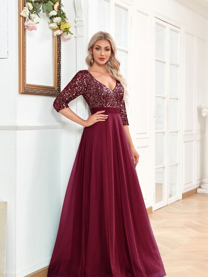 V-neck Contrast Sequin Long Dress, Elegant Chiffon Half Sleeve Waist Evening Gown Prom Party Dresses, Women's Clothing