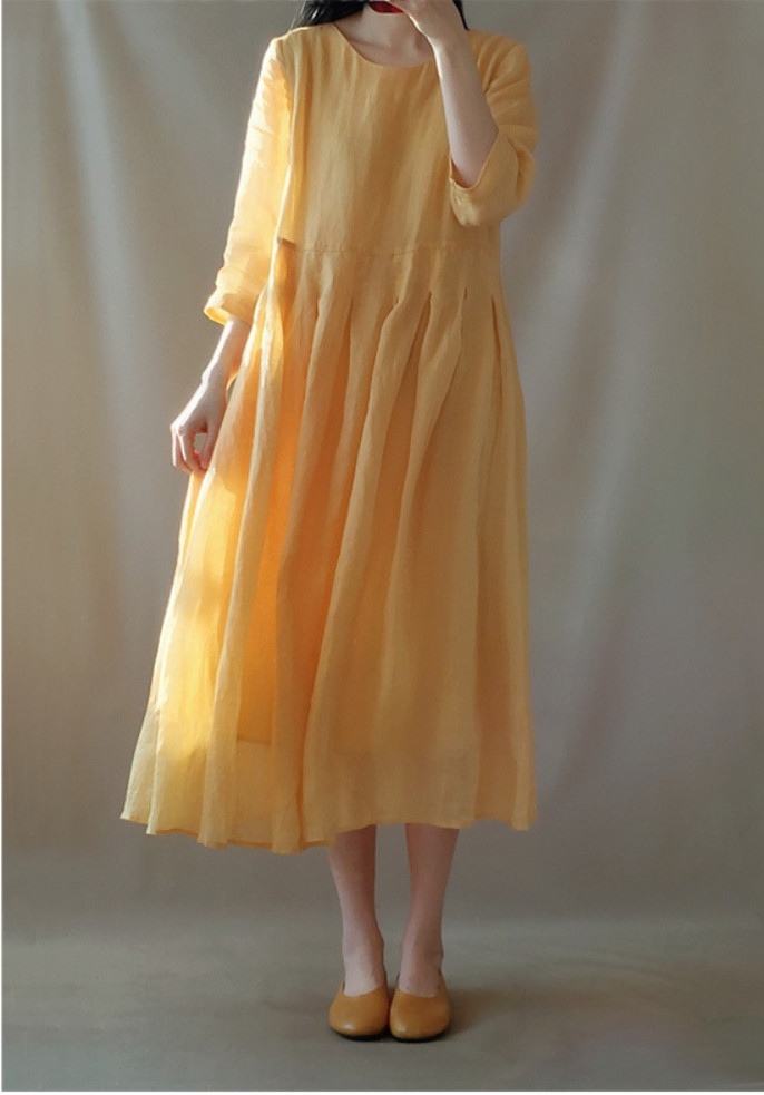 Fashion Casual Elegant Retro Loose Cotton Linen Casual Midi Dress