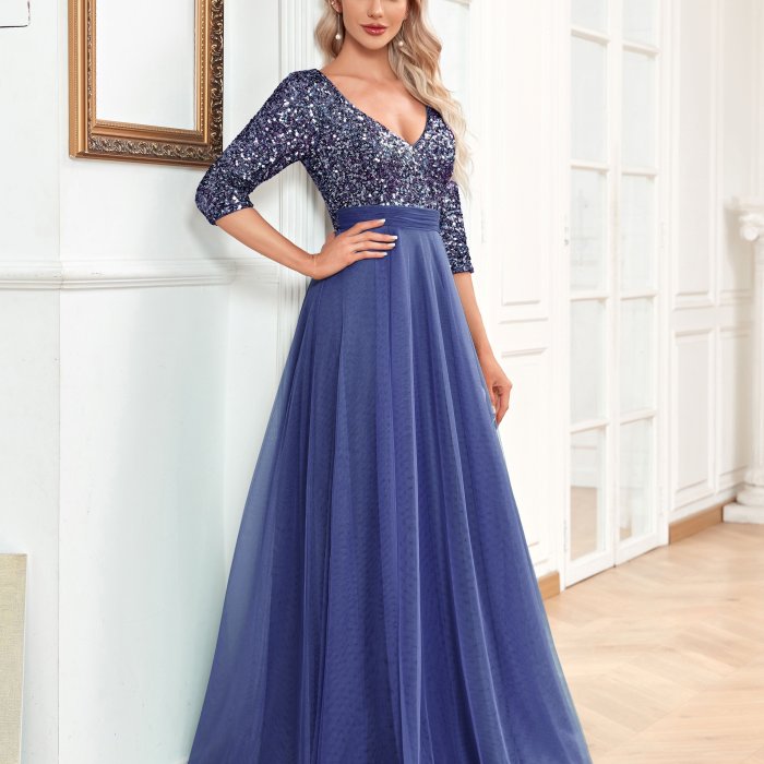 V-neck Contrast Sequin Long Dress, Elegant Chiffon Half Sleeve Waist Evening Gown Prom Party Dresses, Women's Clothing