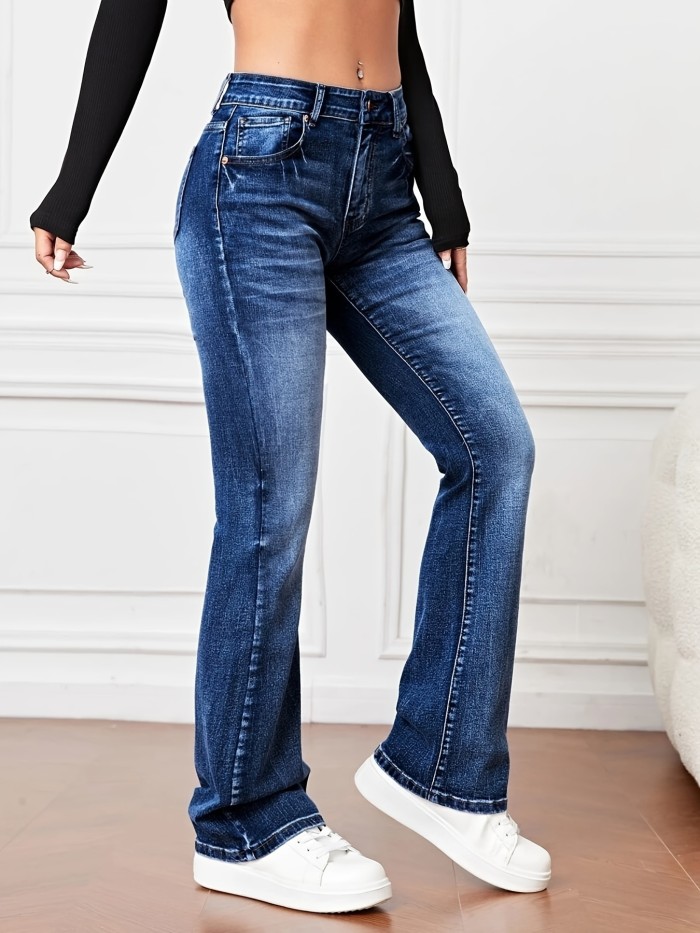 Blue Whiskered Straight Leg Jeans, High Waist Slant Pockets Casual Bootcut Jeans, Women's Denim Jeans & Clothing