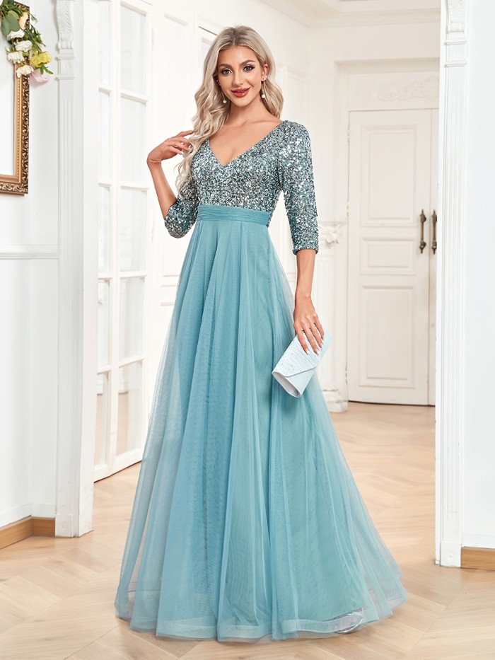 V-neck Contrast Sequin Long Dress, Elegant Chiffon Half Sleeve Waist Evening Gown Prom Party Dresses, Women's Clothing