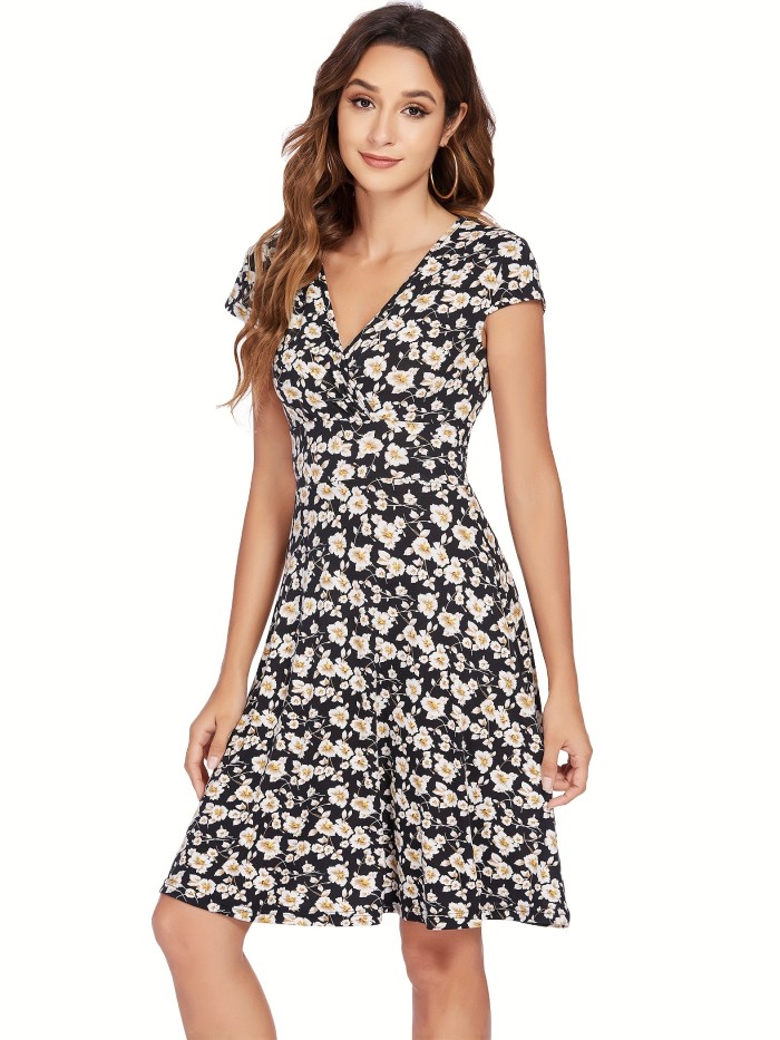 Floral Print V Neck Dress, Casual Short Sleeve Dress For Spring & Summer, Women's Clothing