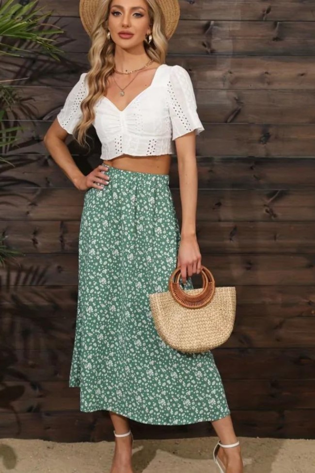 Boho Ditsy Floral Print High Waist Skirts, Vacation Ruched Maxi Summer Skirts, Women's Clothing