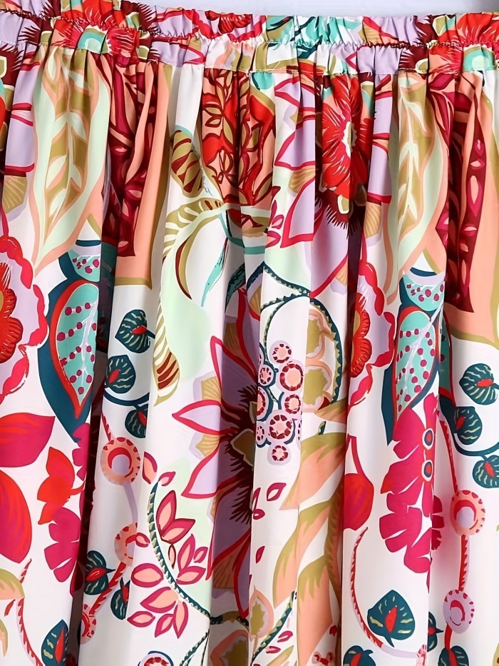 Floral Print Elastic Waist Skirt, Casual Drawstring Skirt For Spring & Summer, Women's Clothing