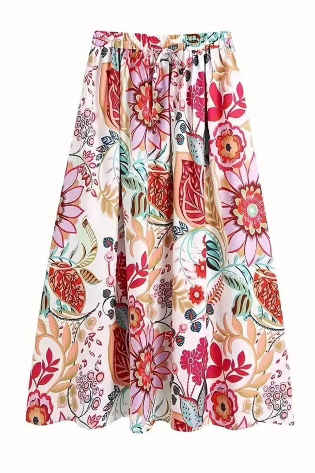 Floral Print Elastic Waist Skirt, Casual Drawstring Skirt For Spring & Summer, Women's Clothing