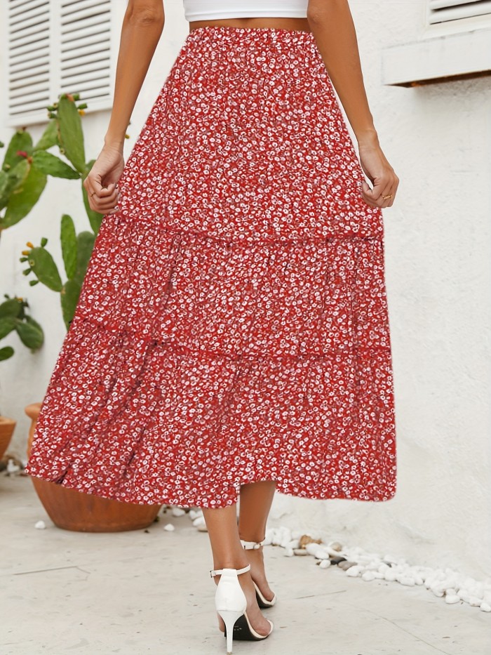 Boho Ditsy Floral Print Tiered Skirts, Vacation Pleated High Waist Layered Maxi Skirts, Women's Clothing