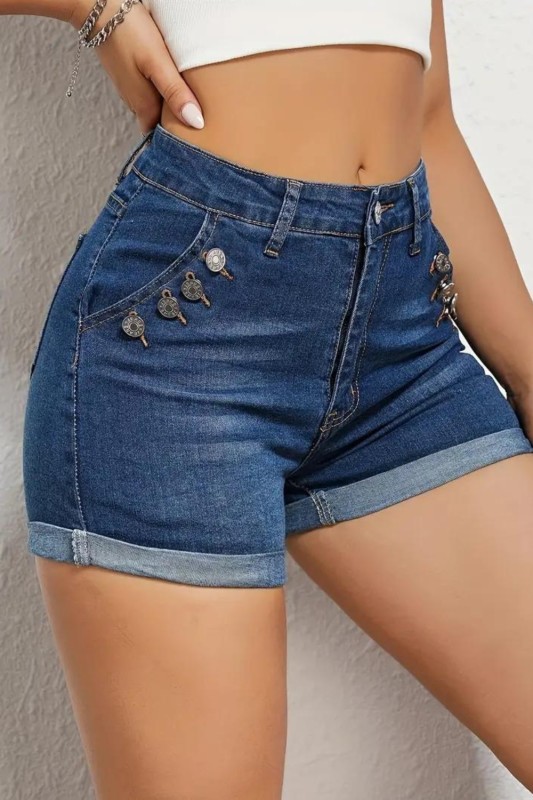Dark Blue Rolled Hem Denim Shorts, Slim Fit Slash Pockets Slight-Stretch Versatile Short Denim Pants, Women's Denim Jeans & Clothing