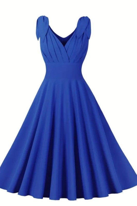 High Waist Retro A-line Dress, V Neck Sleeveless Party Casual Dress For Summer & Spring, Women's Clothing