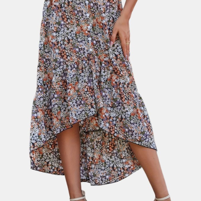 Boho Floral Print Ruffle Hem Skirt, Low High Skirt For Spring & Summer, Women's Clothing