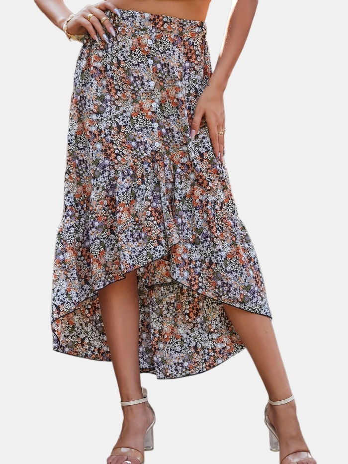 Boho Floral Print Ruffle Hem Skirt, Low High Skirt For Spring & Summer, Women's Clothing