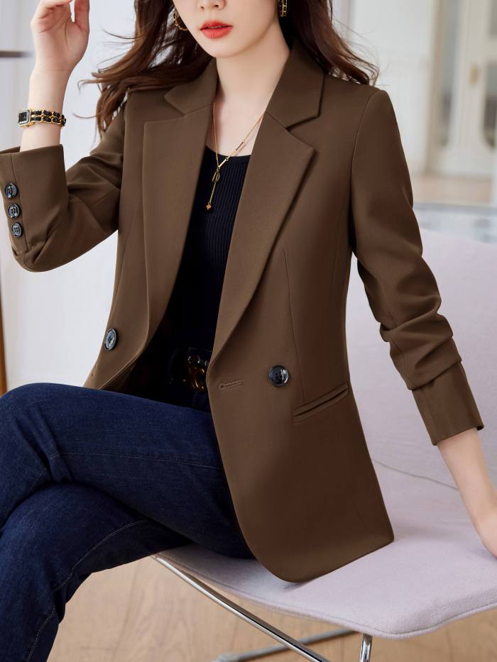 Double Breasted Lapel Blazer, Elegant Long Sleeve Work Office Outerwear, Women's Clothing