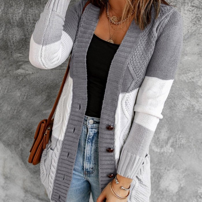 Women's  Sweater Cardigan  Knit Sweater Ladies Cardigan Button Pocket Cable Cardigan