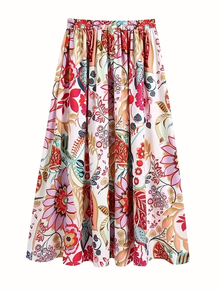 Floral Print Elastic Waist Skirt, Casual Drawstring Skirt For Spring & Summer, Women's Clothing