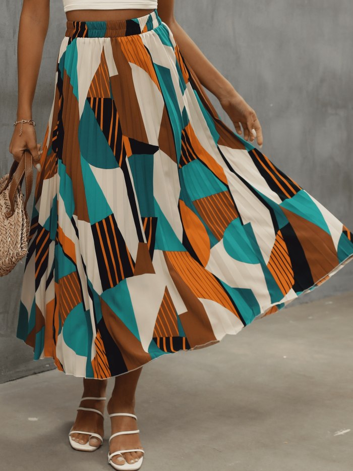 Pleated Geo Print High Waist Skirt, Boho Skirt For Spring & Summer, Women's Clothing