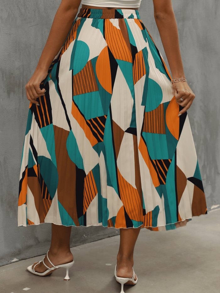 Pleated Geo Print High Waist Skirt, Boho Skirt For Spring & Summer, Women's Clothing