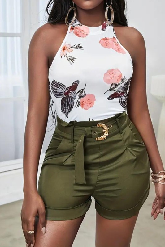 Casual Two-piece Shorts Set, Floral Print Tank Top & Shorts With Belt Outfits, Women's Clothing