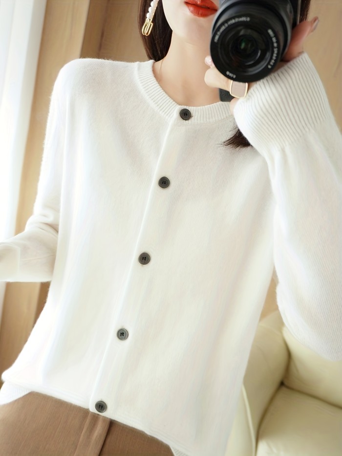 Solid Button Up Cardigan, Casual Long Sleeve Cardigan For Spring & Fall, Women's Clothing