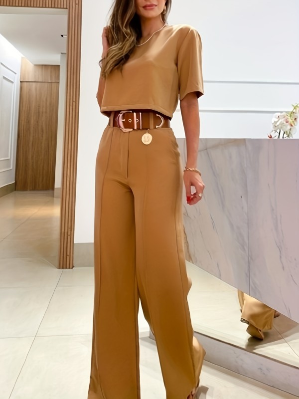 Casual Solid Two-piece Set Without Belt, Short Sleeve Crop Top & Wide Leg Pants Outfits, Women's Clothing