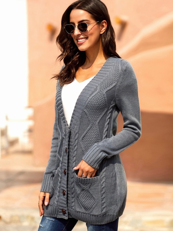 Women's  Sweater Cardigan  Knit Sweater Ladies Cardigan Button Pocket Cable Cardigan
