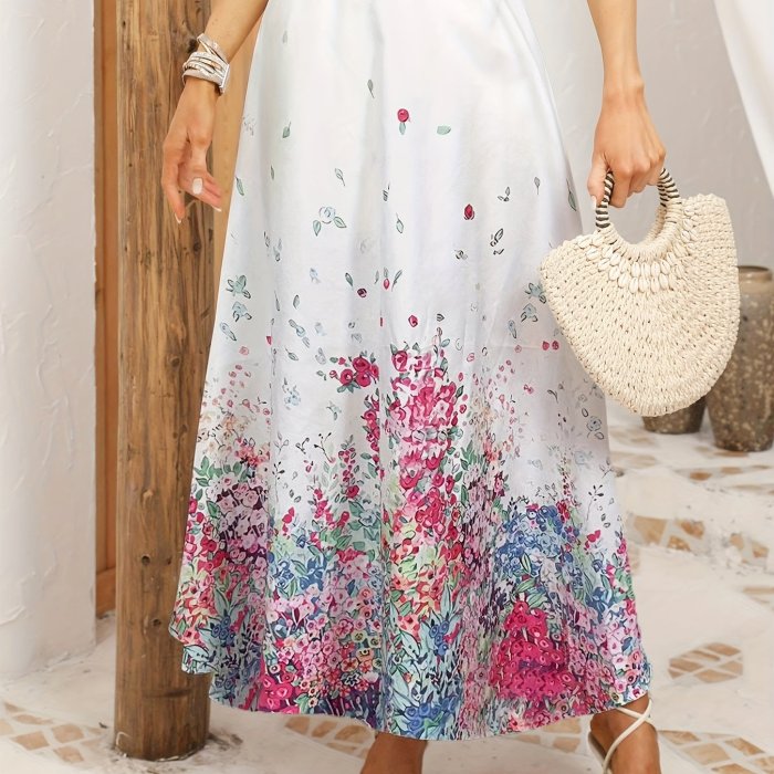 Floral Print Ruffle Hem Skirt, Elegant Elastic Waist Maxi Skirt For Spring & Summer, Women's Clothing