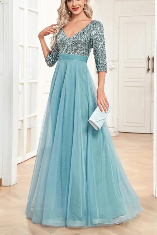 V-neck Contrast Sequin Long Dress, Elegant Chiffon Half Sleeve Waist Evening Gown Prom Party Dresses, Women's Clothing